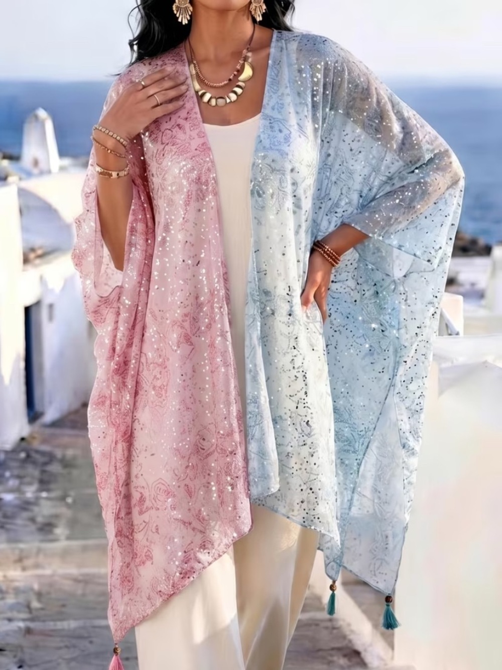 Seaside Ombre Pink & Blue Sparkle Kimono Cover-Up